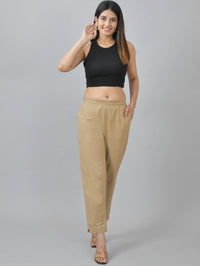 Women Regular Fit Deep Pocket Solid Beige Half Elastic Cotton Pants