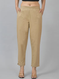 Pack Of 2 Womens Half Elastic Beige And White Deep Pocket Cotton Pants