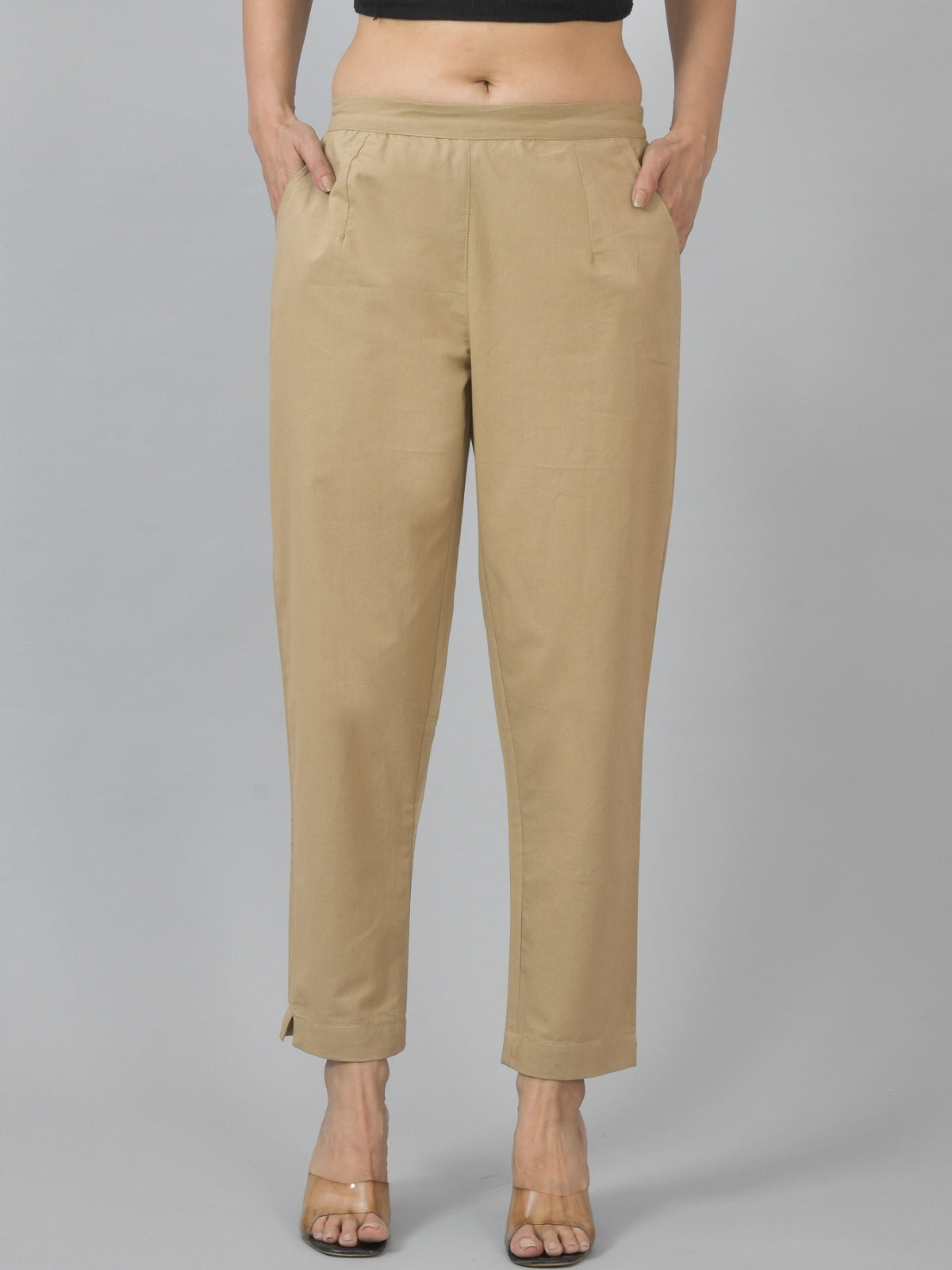 Pack Of 2 Womens Half Elastic Beige And Navy Blue Deep Pocket Cotton Pants