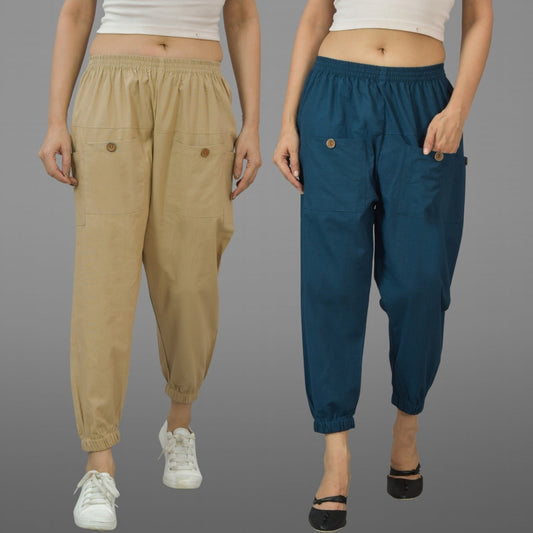 Combo Pack Of Womens Beige And Teal Blue Four Pocket Cotton Cargo Pants