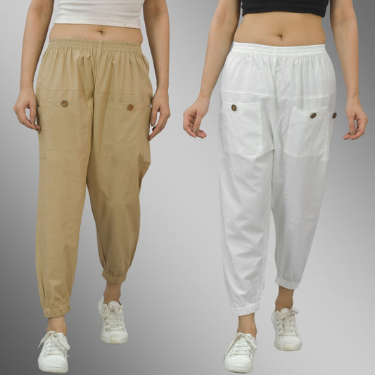 Combo Pack Of Womens Beige And White Four Pocket Cotton Cargo Pants
