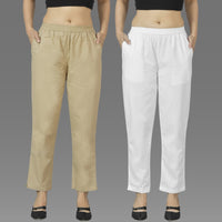 Pack Of 2 Womens Beige And White Deep Pocket Fully Elastic Cotton Trouser