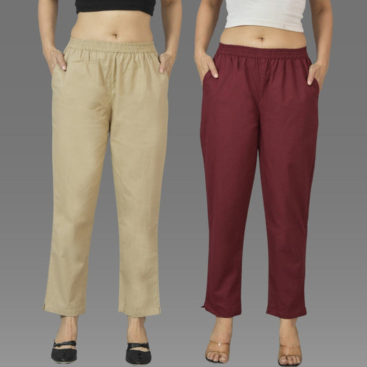 Pack Of 2 Womens Beige And Wine Deep Pocket Fully Elastic Cotton Trouser