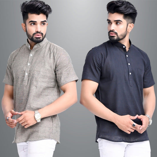 Mens Regular Fit Biscuit Grey and Black Half Sleeve Cotton Short Kurta Combo