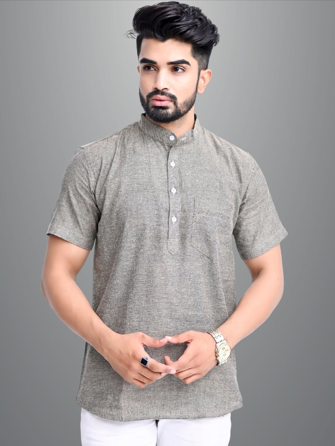 Mens Regular Fit Biscuit Grey and Dark Blue Half Sleeve Cotton Short Kurta Combo
