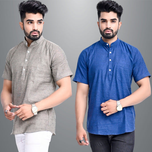 Mens Regular Fit Biscuit Grey and Dark Blue Half Sleeve Cotton Short Kurta Combo