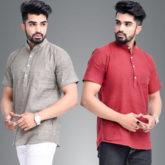 Mens Regular Fit Biscuit Grey and Maroon Half Sleeve Cotton Short Kurta Combo