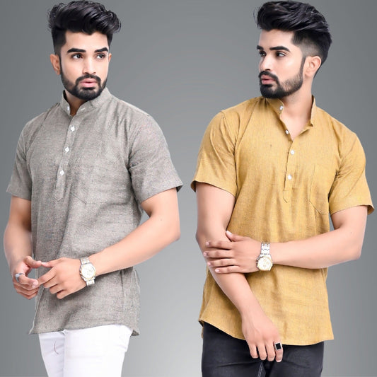 Mens Regular Fit Biscuit Grey and Mustard Half Sleeve Cotton Short Kurta Combo