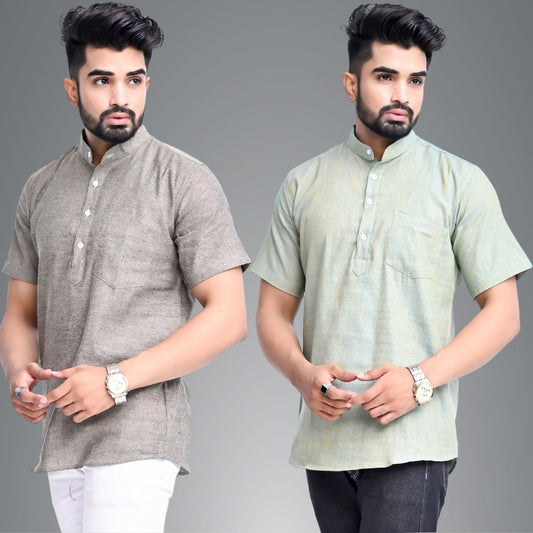 Mens Regular Fit Biscuit Grey and Ocian Blue Half Sleeve Cotton Short Kurta Combo