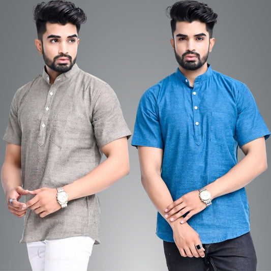 Mens Regular Fit Biscuit Grey and Teal Blue Half Sleeve Cotton Short Kurta Combo