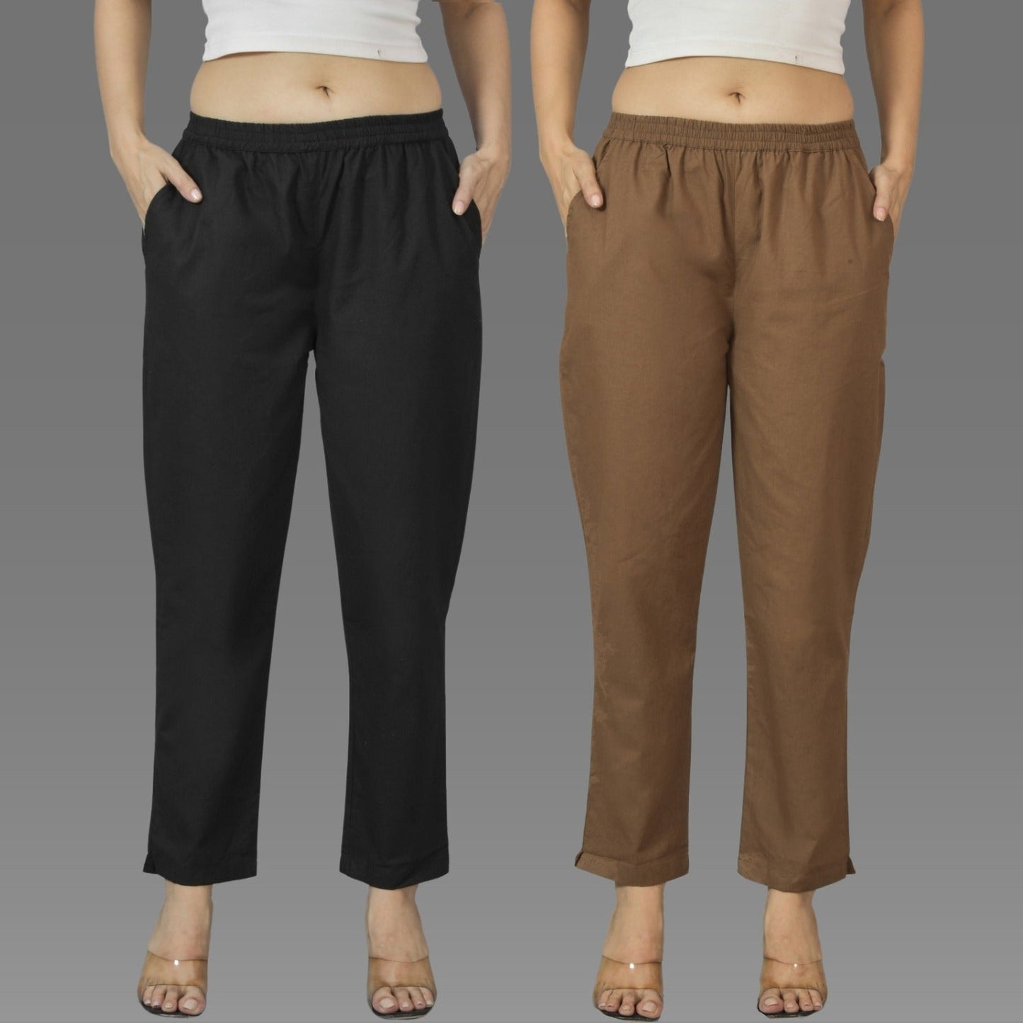 Pack Of 2 Womens Black And Brown Deep Pocket Fully Elastic Cotton Trouser