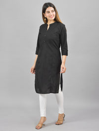 Womens Solid Black Three Fourth Sleeve Cotton Straight Kurti