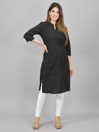 Womens Solid Black Three Fourth Sleeve Cotton Straight Kurti