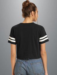Womens Solid Black Cotton Crop Top With Designer White Stripe
