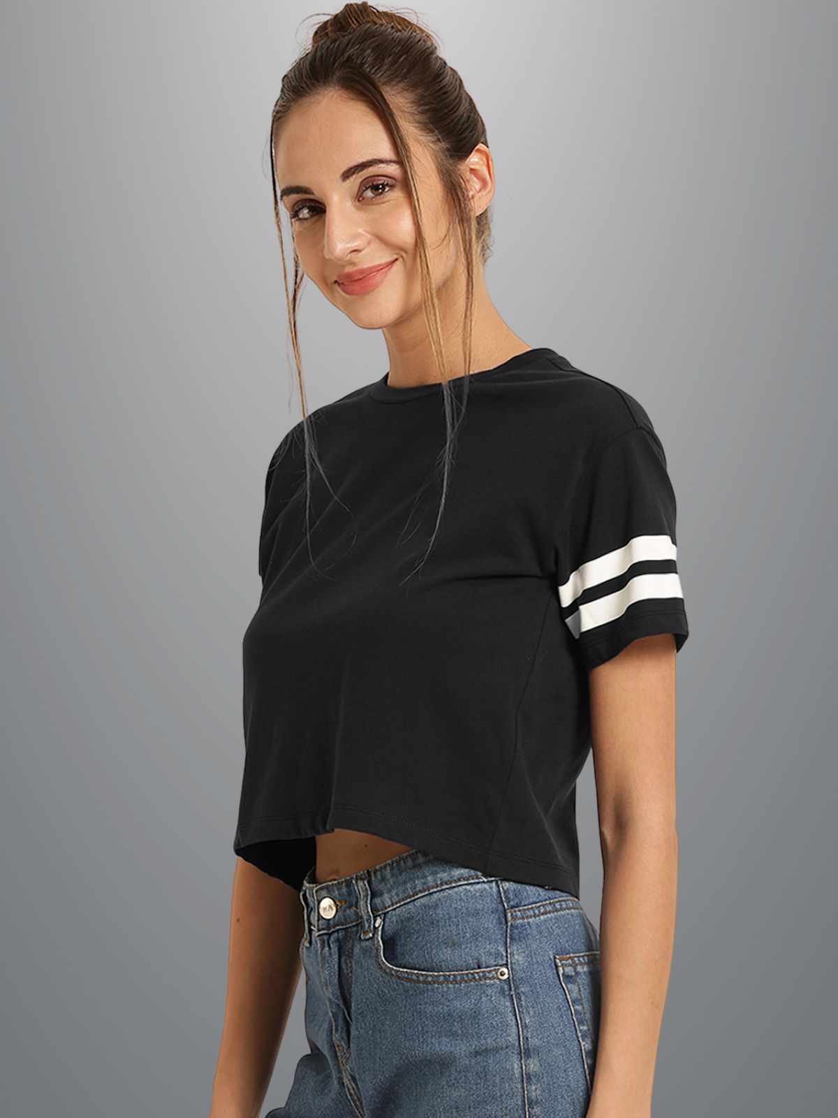 Womens Solid Black Cotton Crop Top With Designer White Stripe