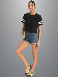 Womens Solid Black Cotton Crop Top With Designer White Stripe