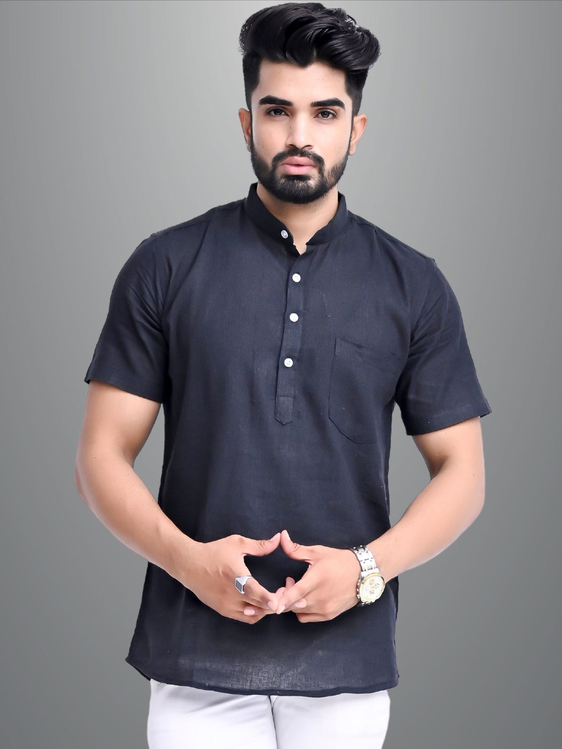 Mens Regular Fit Black and Dark Blue Half Sleeve Cotton Short Kurta Combo