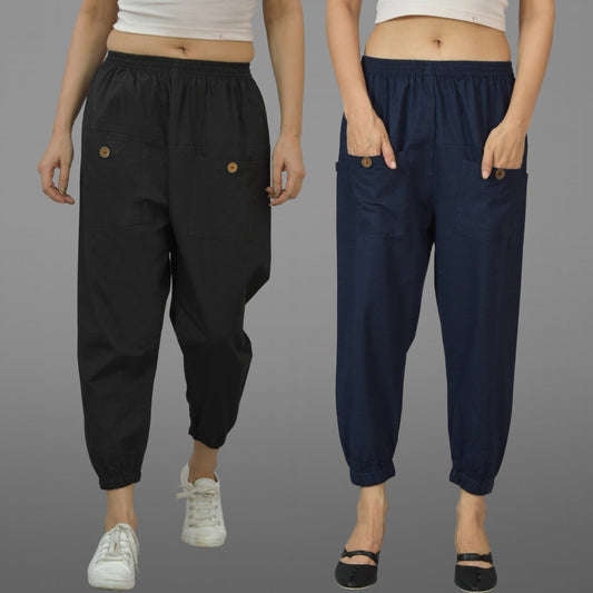 Combo Pack Of Womens Black And Dark Blue Four Pocket Cotton Cargo Pants