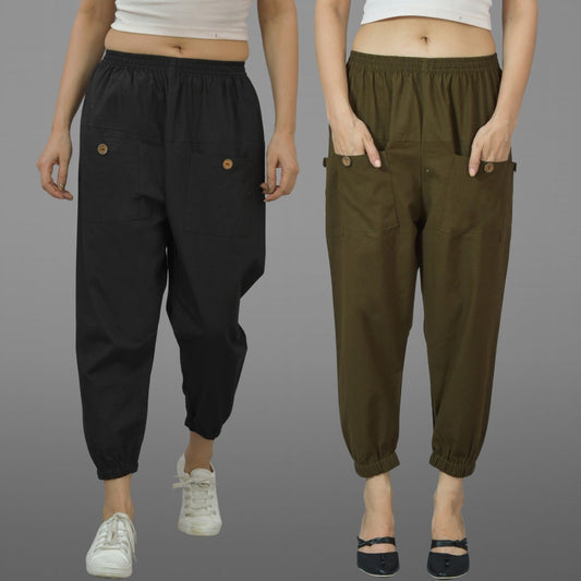 Combo Pack Of Womens Black And Dark Green Four Pocket Cotton Cargo Pants