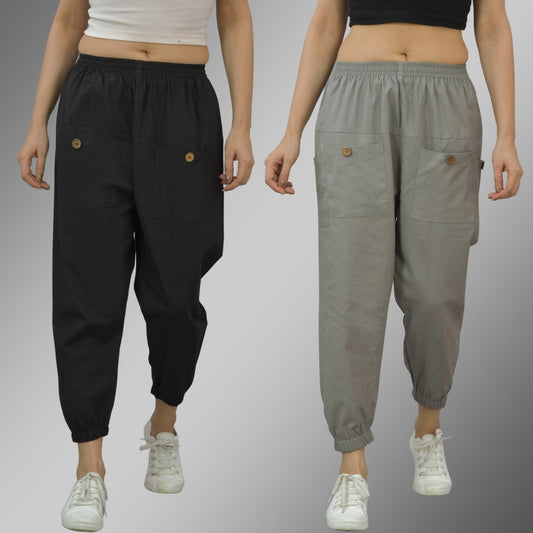 Combo Pack Of Womens Black And Grey Four Pocket Cotton Cargo Pants