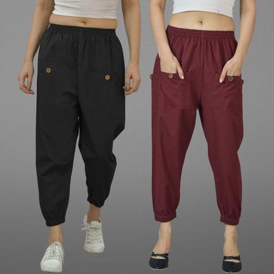 Combo Pack Of Womens Black And Maroon Four Pocket Cotton Cargo Pants