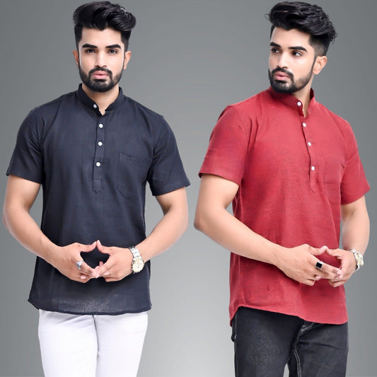 Mens Regular Fit Black and Maroon Half Sleeve Cotton Short Kurta Combo