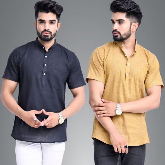 Mens Regular Fit Black and Mustard Half Sleeve Cotton Short Kurta Combo