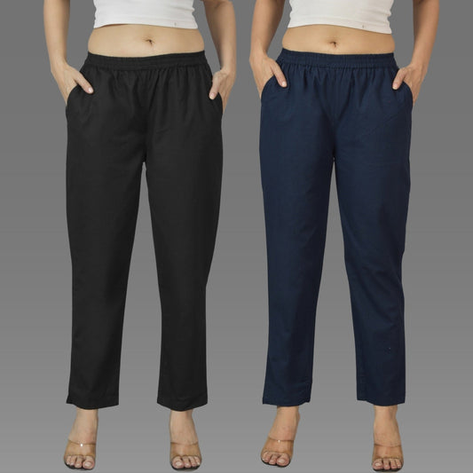 Pack Of 2 Womens Black And Navy Blue Deep Pocket Fully Elastic Cotton Trouser