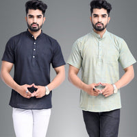 Mens Regular Fit Black and Ocian Blue Half Sleeve Cotton Short Kurta Combo