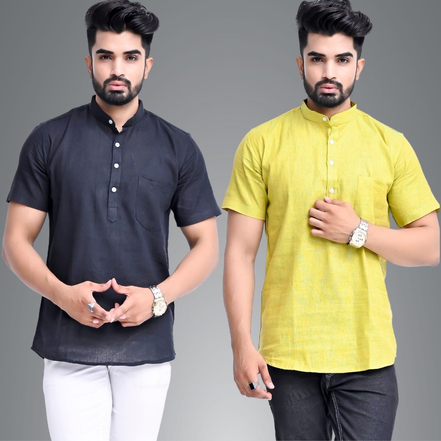 Mens Regular Fit Black and Parrot Green Half Sleeve Cotton Short Kurta Combo