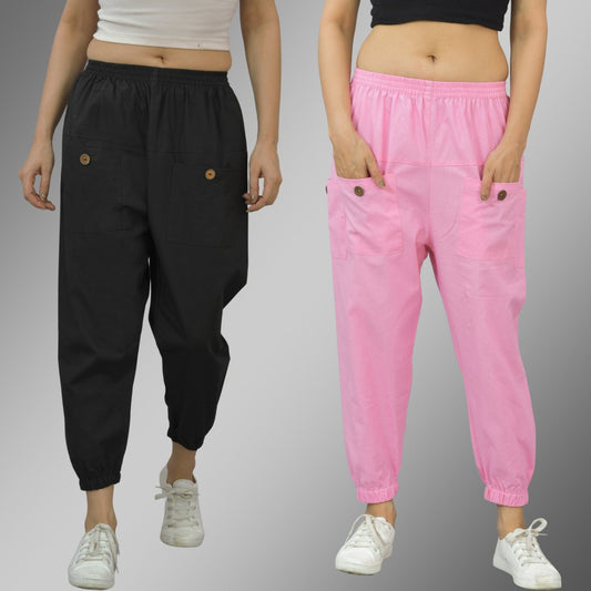 Combo Pack Of Womens Black And Pink Four Pocket Cotton Cargo Pants