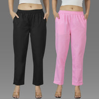 Pack Of 2 Womens Black And Pink Deep Pocket Fully Elastic Cotton Trouser