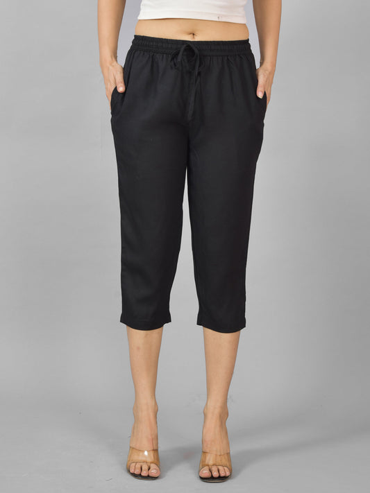 Women Solid Black Rayon Calf Length Culottes Trouser