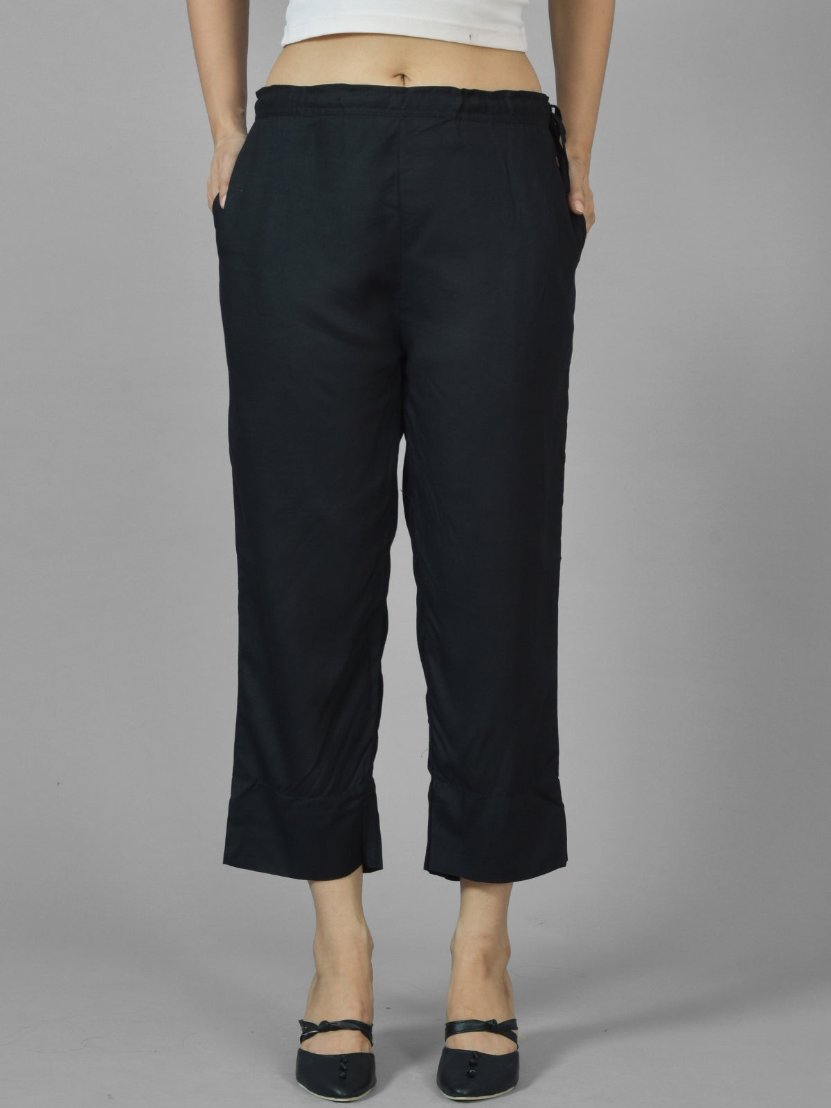 Women Solid Black Rayon Culottes Trouser