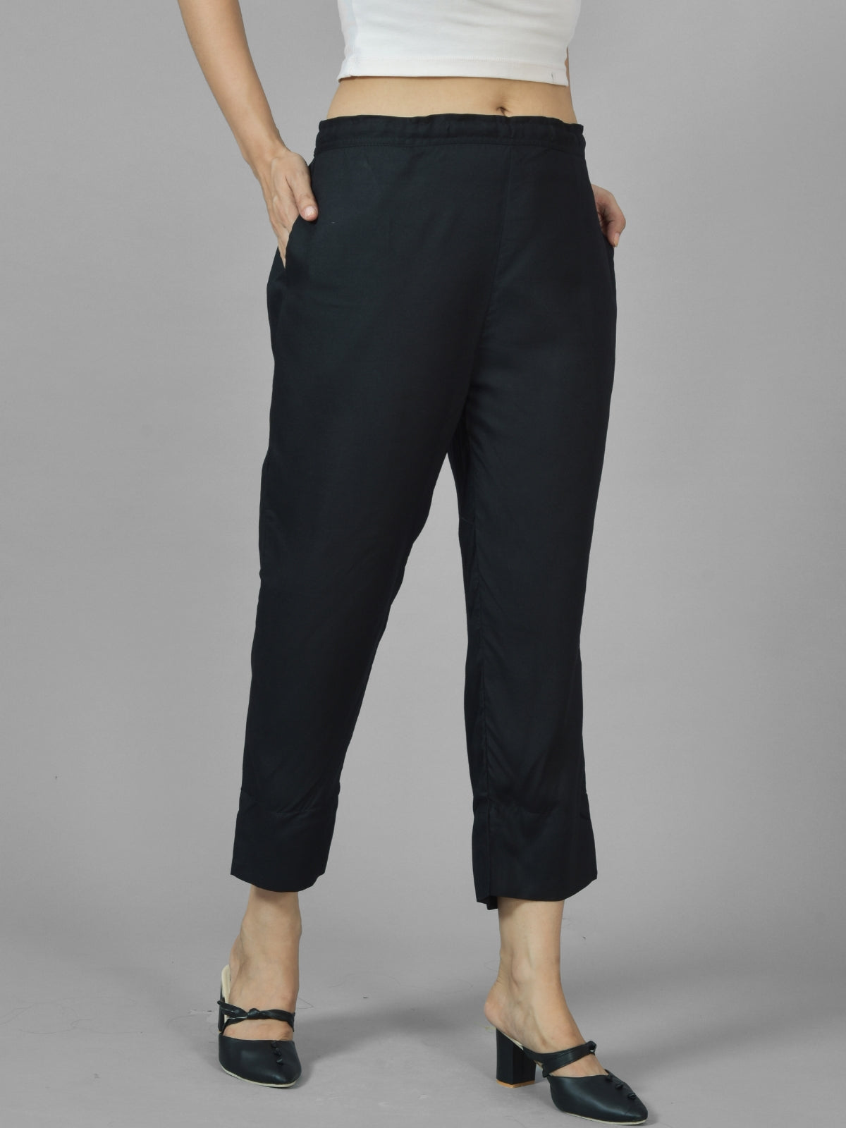 Women Solid Black Rayon Culottes Trouser