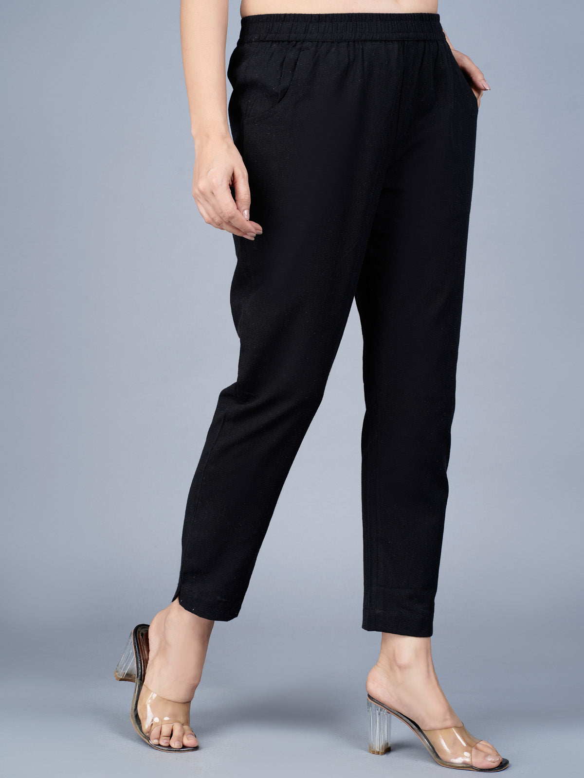 Women's Black Regular Fit Elastic Cotton Trouser