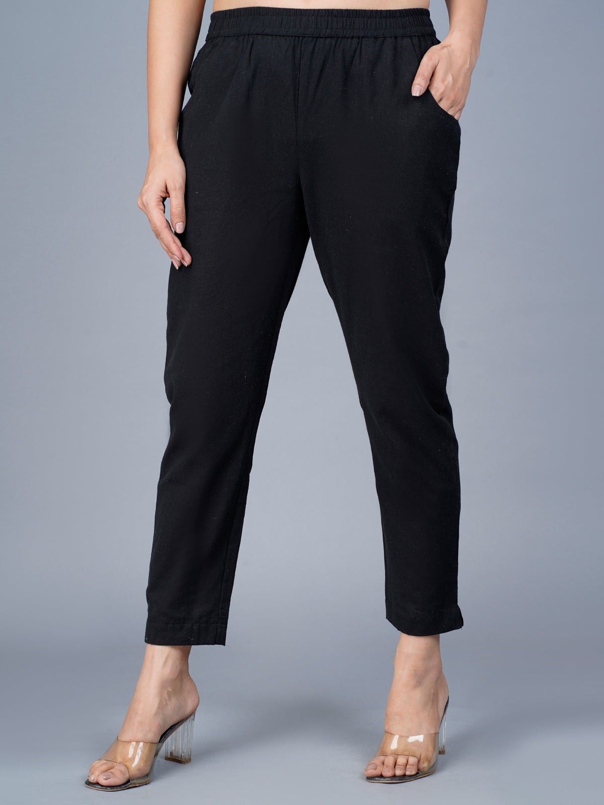 Pack Of 2 Womens Regular Fit Navy Blue And Black Fully Elastic Waistband Cotton Trouser