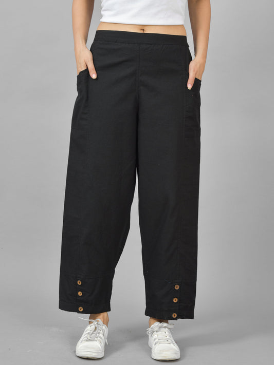 Womens Black Side Pocket Pure Cotton Straight Cargo Pant