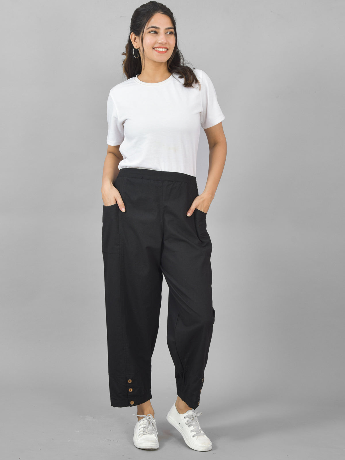 Combo Pack Of Womens Black And Grey Side Pocket Straight Cargo Pants