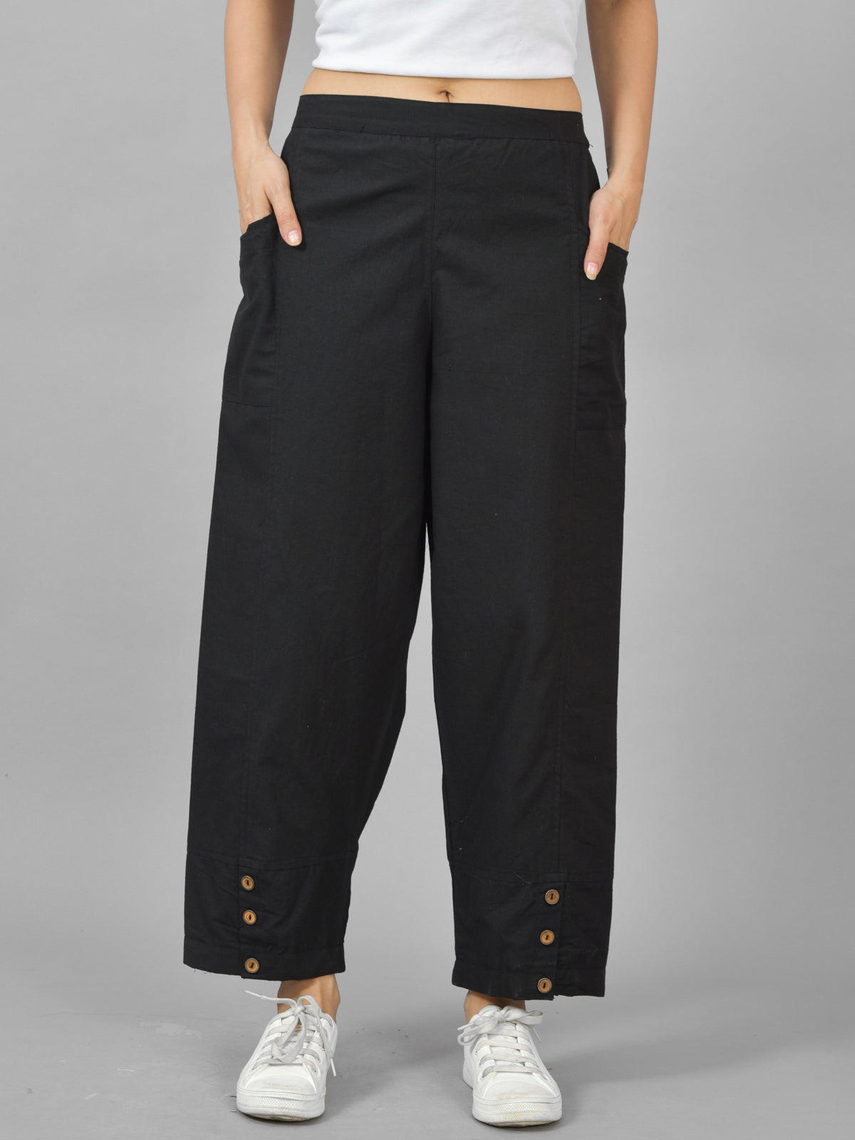 Combo Pack Of Womens Black And Melange Grey Side Pocket Straight Cargo Pants