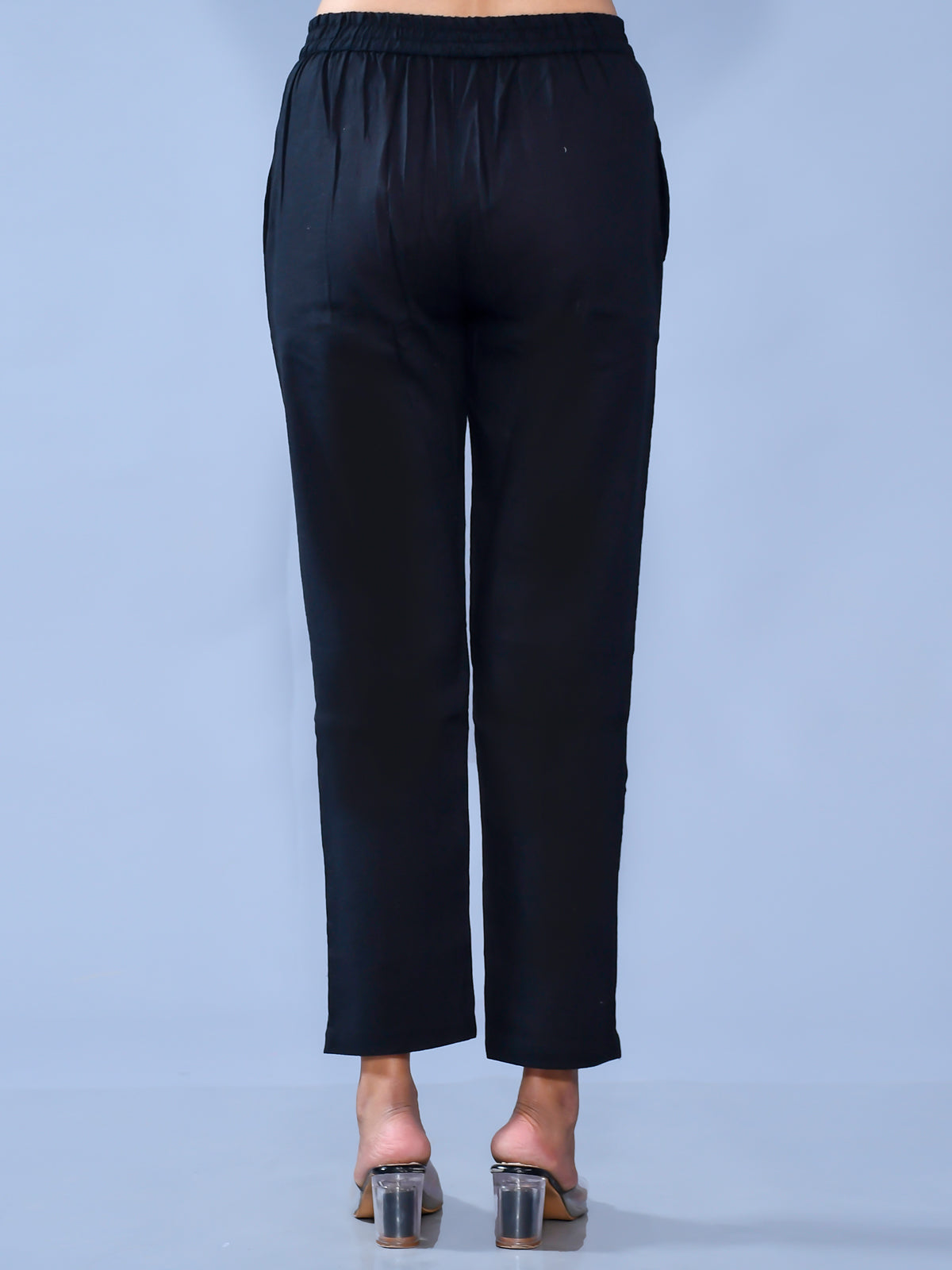 Pack Of 2 Womens Regular Fit Black And Blue Cotton Slub Belt Pant Combo