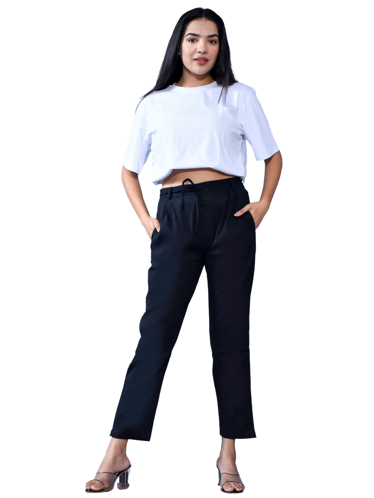 Pack Of 2 Womens Regular Fit Black And Navy Blue Cotton Slub Belt Pant Combo