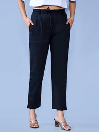 Pack Of 2 Womens Regular Fit Black And Mauve Pink Cotton Slub Belt Pant Combo