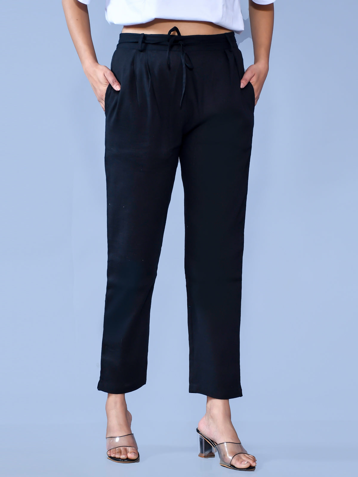 Pack Of 2 Womens Regular Fit Black And Navy Blue Cotton Slub Belt Pant Combo