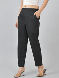Women Regular Fit Deep Pocket Solid Black Half Elastic Cotton Pants