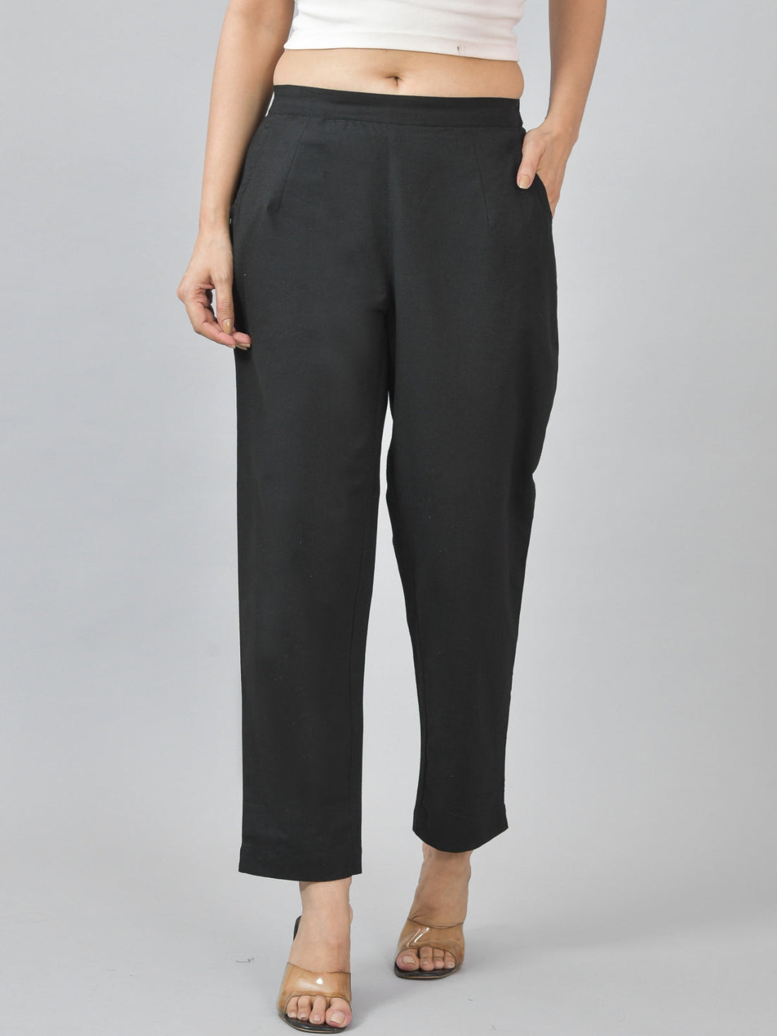 Pack Of 2 Womens Half Elastic Black And Navy Blue Deep Pocket Cotton Pants