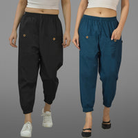 Combo Pack Of Womens Black And Teal Blue Four Pocket Cotton Cargo Pants
