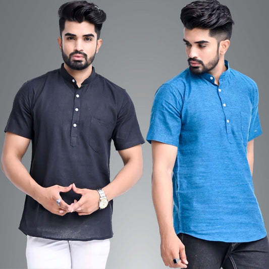 Mens Regular Fit Black and Teal Blue Half Sleeve Cotton Short Kurta Combo