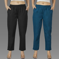 Pack Of 2 Womens Black And Teal Blue Deep Pocket Fully Elastic Cotton Trouser