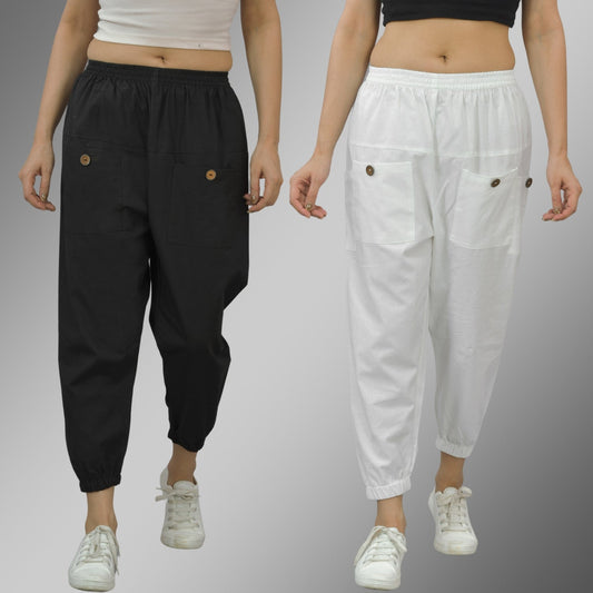 Combo Pack Of Womens Black And White Four Pocket Cotton Cargo Pants